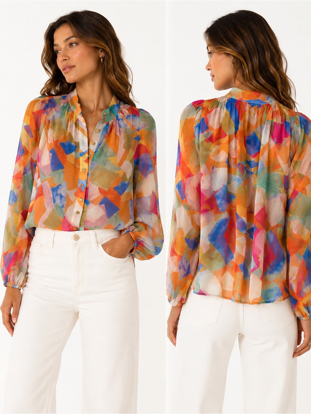 Sage+Paige Multicolor Watercolor Sheer Print Collared Blouse